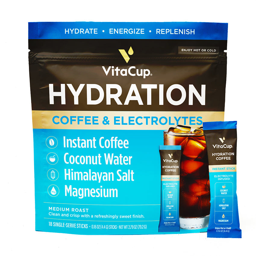 VitaCup Palitos de café instantáneo de hidratación con electrolitos, agua  de coco, tostado medio de 18 quilates y barras de café molido delgadas con