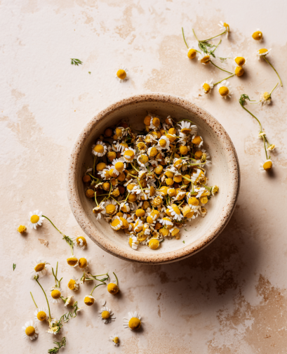Bowl of dried chamomile flowers on a light background