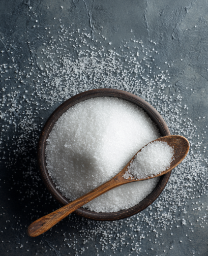 Wooden spoon in a bowl of  magnesium chloride on a dark surface