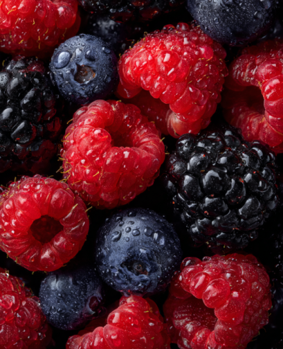 Close-up of raspberries and blackberries with water droplets