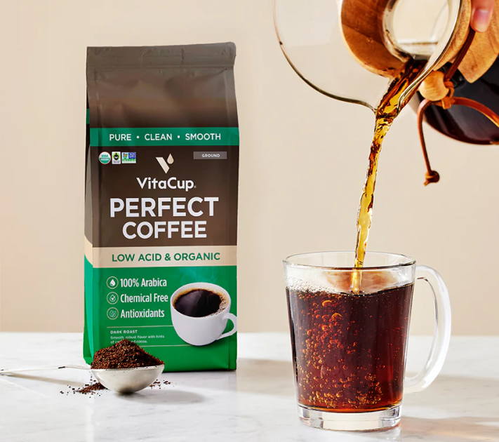 VitaCup Perfect Coffee package with a glass of coffee being poured