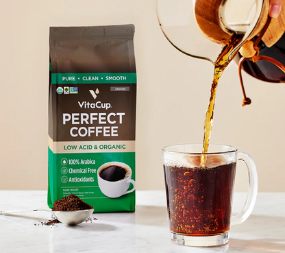 VitaCup Perfect Coffee package with a glass of coffee being poured