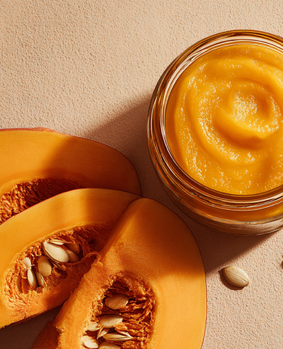Jar of pumpkin puree with sliced pumpkin and seeds on a beige background