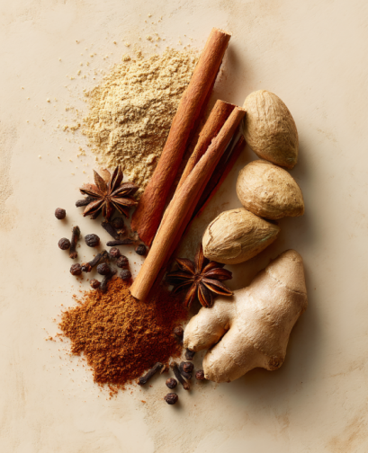 Spices including cinnamon sticks, nutmeg, ginger, and star anise on a beige surface