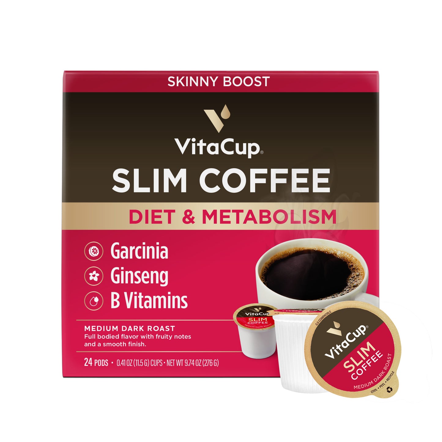 VitaCup Slim Coffee Pods Boost Diet Metabolism with Ginseng Garcinia B  Vitamins Skinny Coffee Bold Medium Dark Roast Recyclable Single Serve Pod  Compatible with Keurig K-Cup Brewers16 Ct Slim Skinny Boost 16